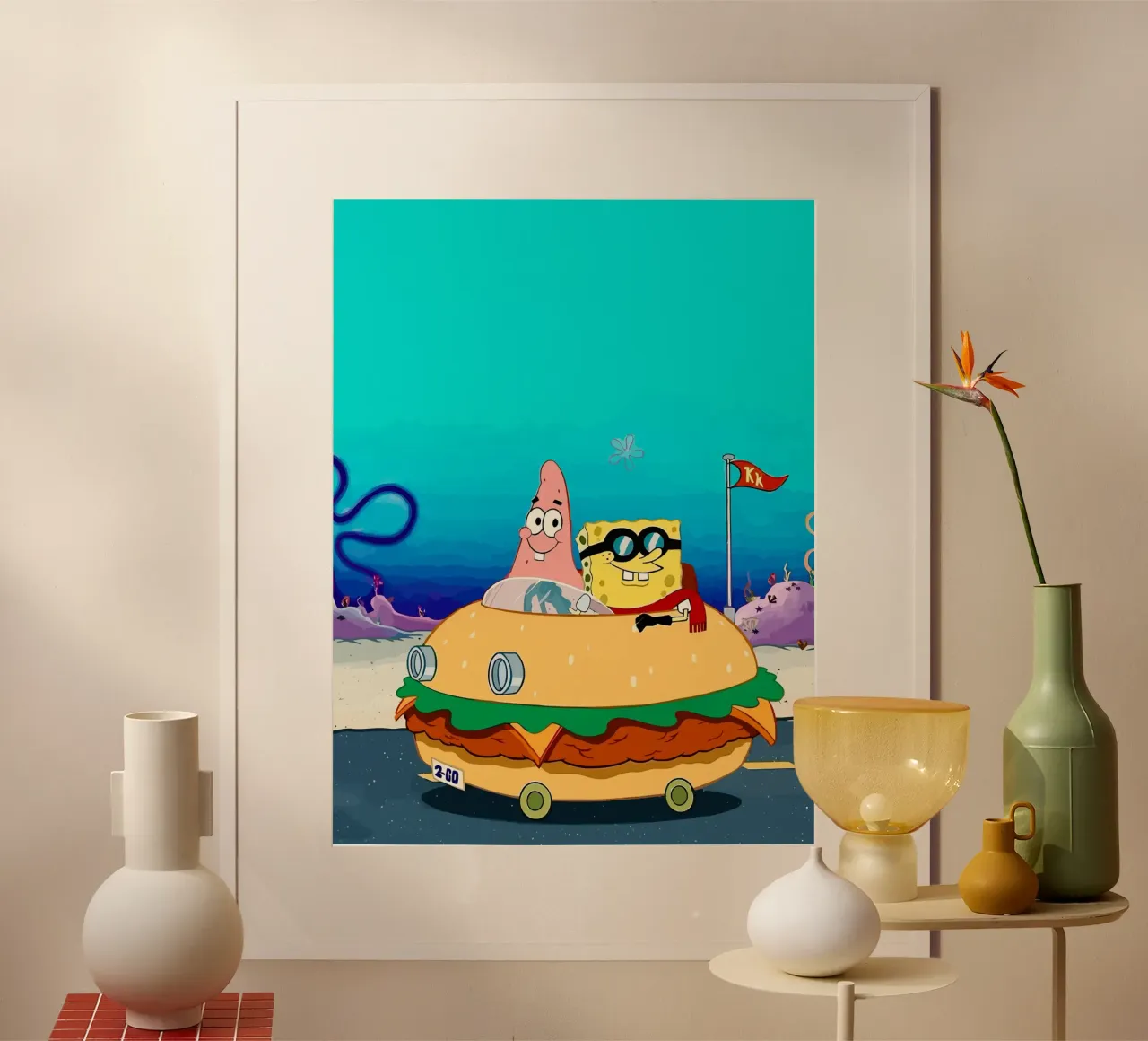 SpongeBob and Patrick ride in a burger car poster con telaio in legno da Dumery Art
