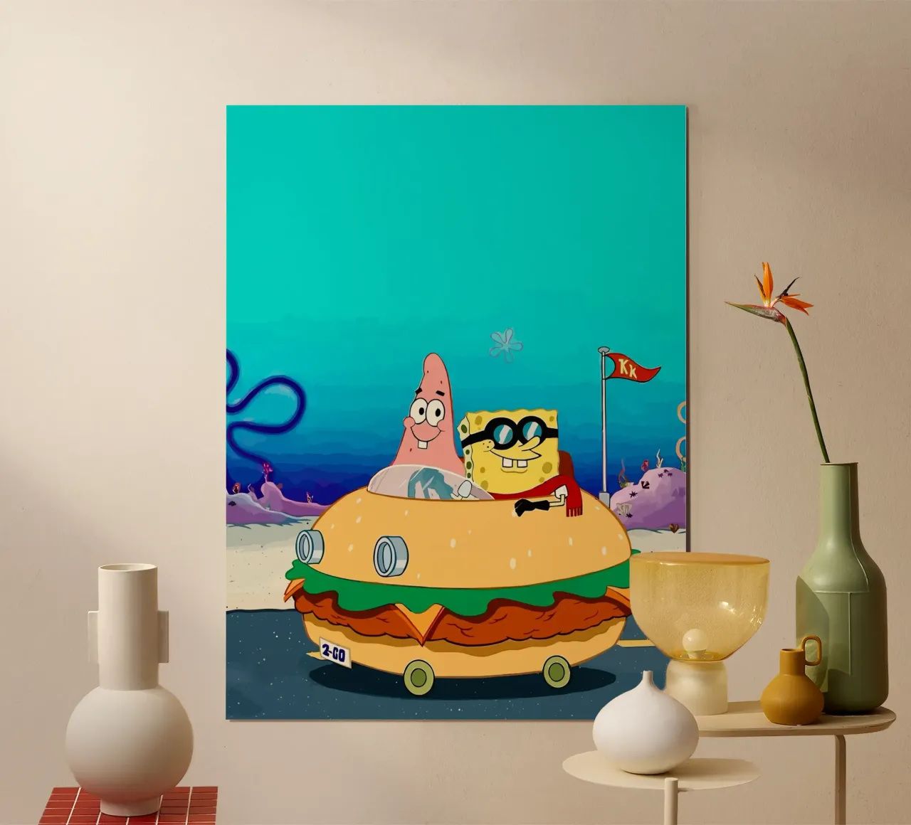 SpongeBob and Patrick ride in a burger car poster con telaio in legno da Dumery Art