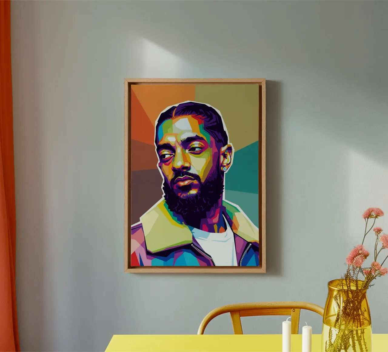 Nipsey Hussle Pop Art Portrait #1 Leinwand mit Schattenfugenrahmen von Hantamrata