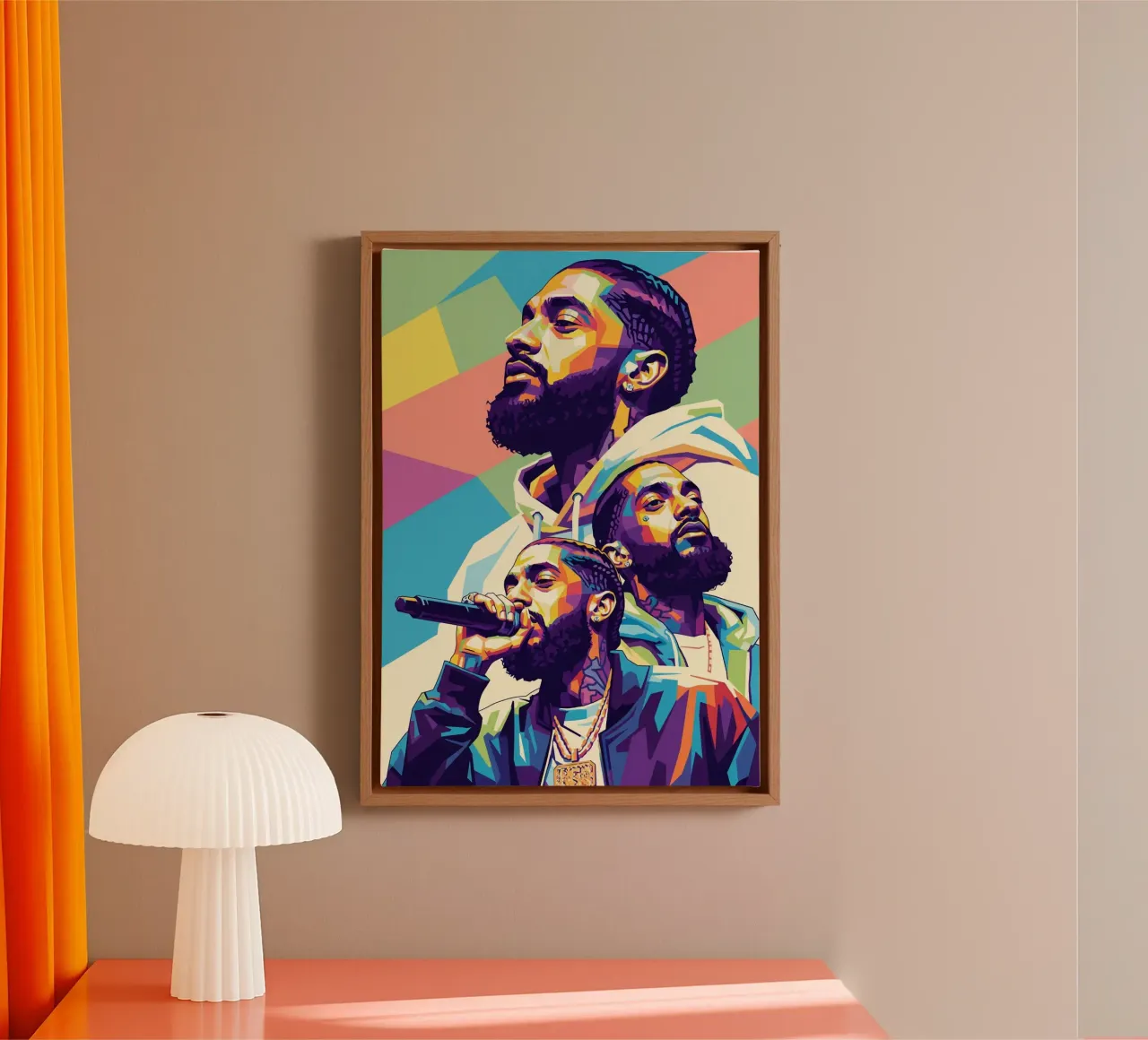 Nipsey Hussle Pop Art Porträt #3 Leinwand mit Schattenfugenrahmen von Hantamrata