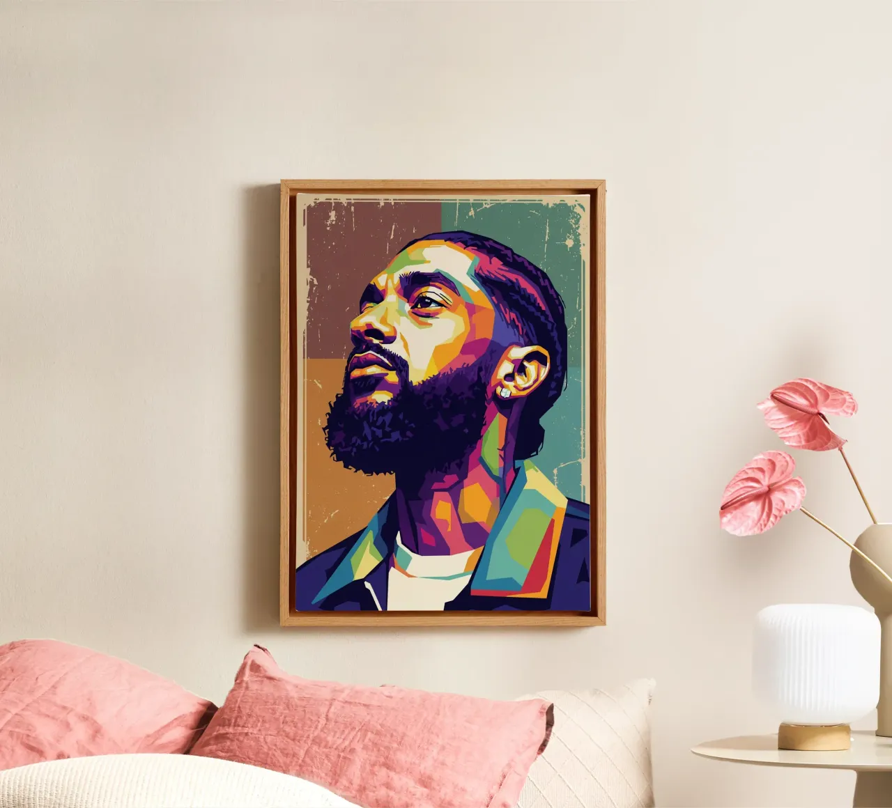 Nipsey Hussle Pop Art Porträt #4 Leinwand mit Schattenfugenrahmen von Hantamrata
