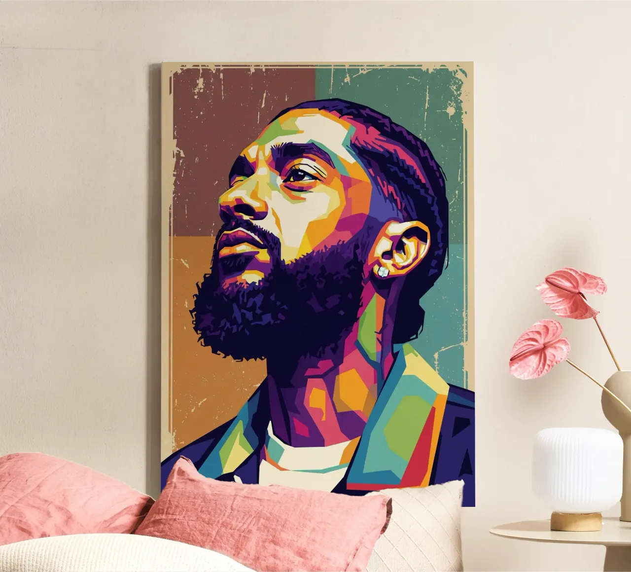 Nipsey Hussle Pop Art Porträt #4 Leinwand mit Schattenfugenrahmen von Hantamrata
