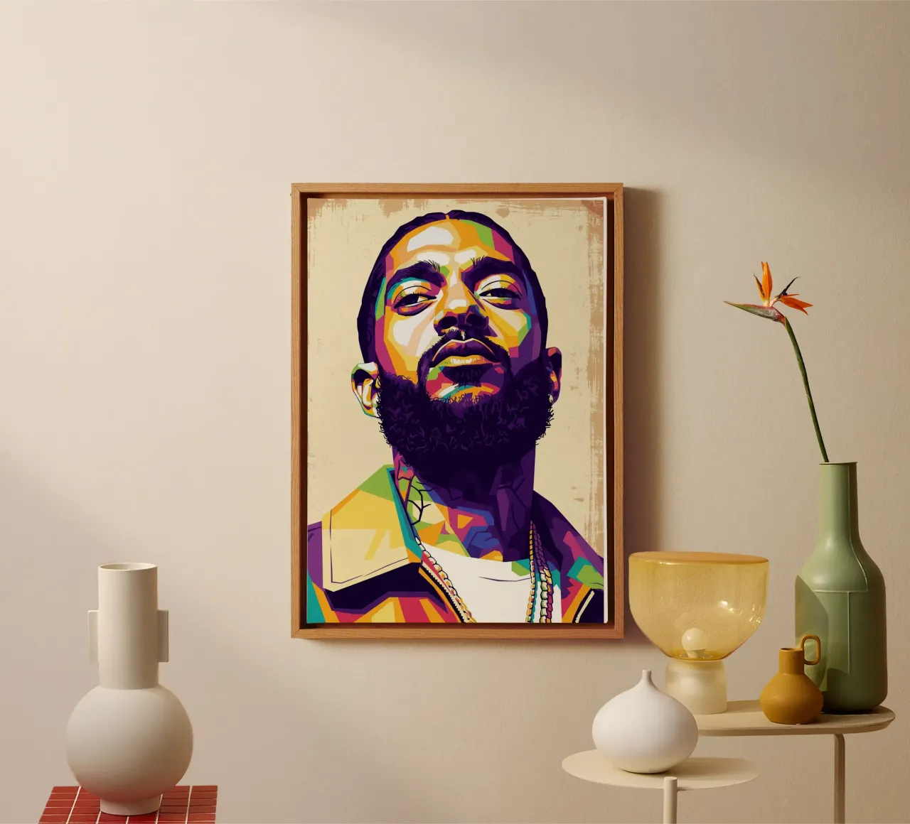 Nipsey Hussle Pop Art Porträt #5 Leinwand mit Schattenfugenrahmen von Hantamrata
