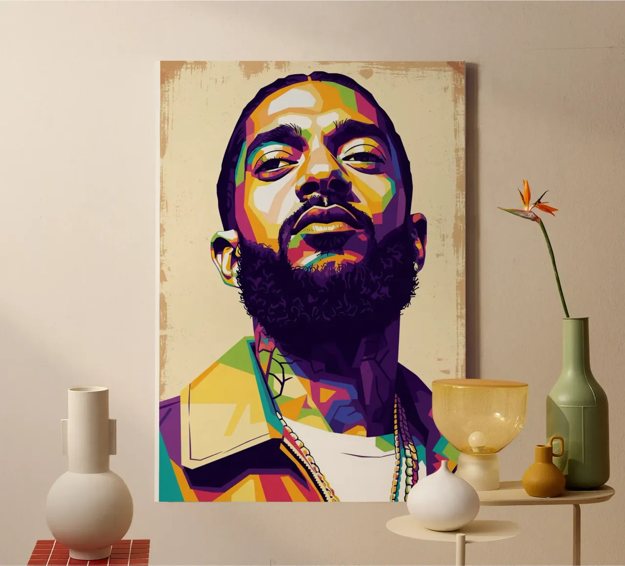 Nipsey Hussle Pop Art Porträt #5 Leinwand mit Schattenfugenrahmen von Hantamrata
