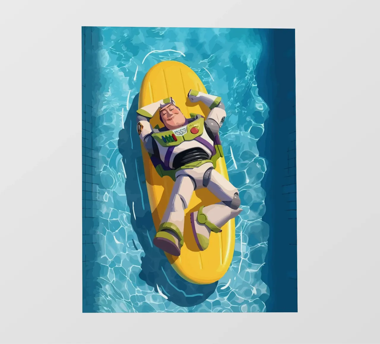 Buzz sleeping on a surfboard telo in pvc da Dumery Art