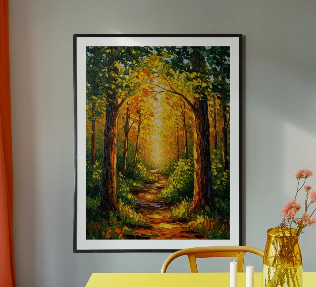 Pittura ad olio originale su tela, sentiero forestale dipinto a mano poster con telaio in alluminio da Artistic-shop