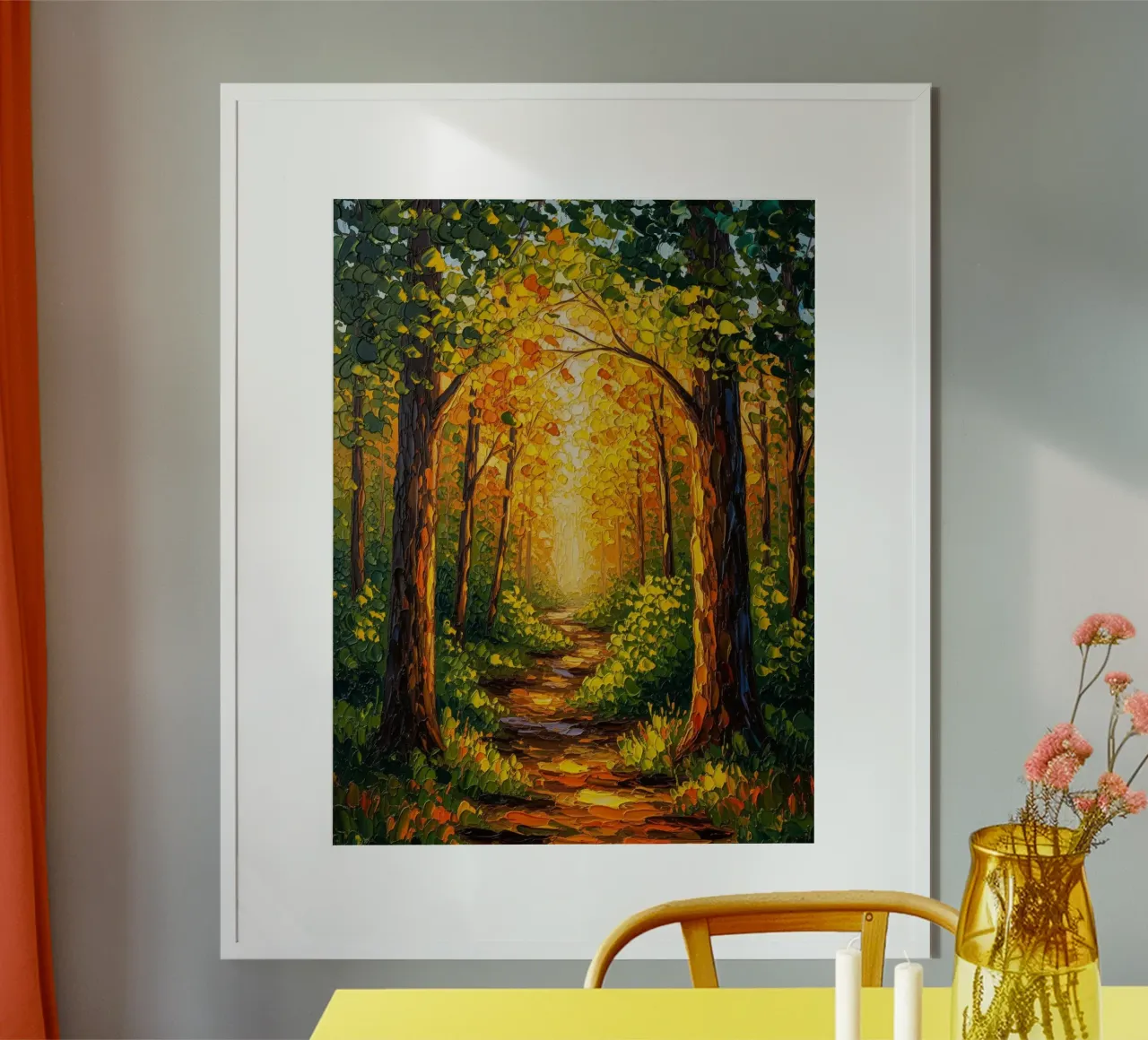 Pittura ad olio originale su tela, sentiero forestale dipinto a mano poster con telaio in alluminio da Artistic-shop