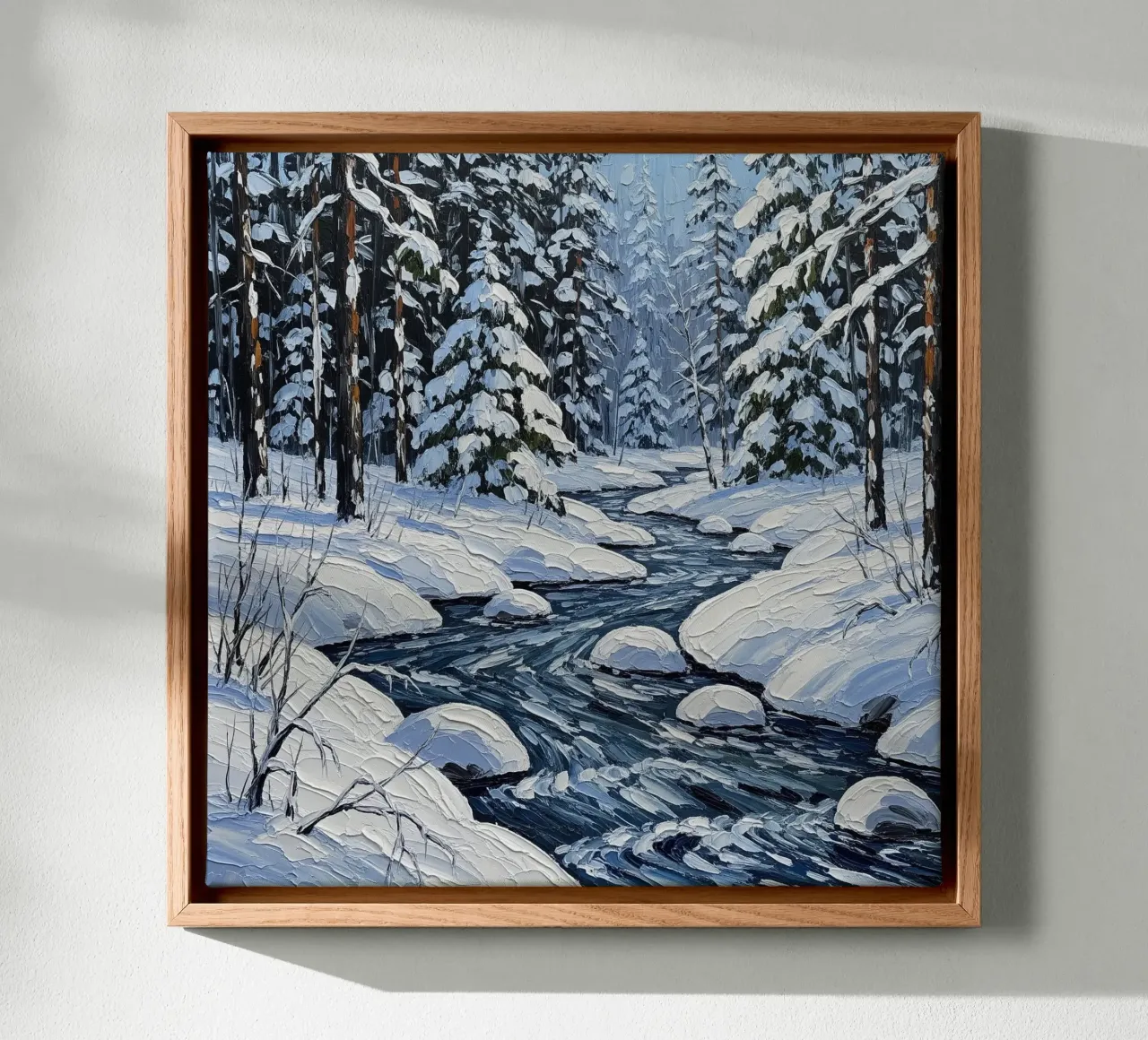 Ein strukturiertes impressionistisches Gemälde einer heiteren verschneiten Landschaft Leinwand mit Schattenfugenrahmen von Artistic-shop