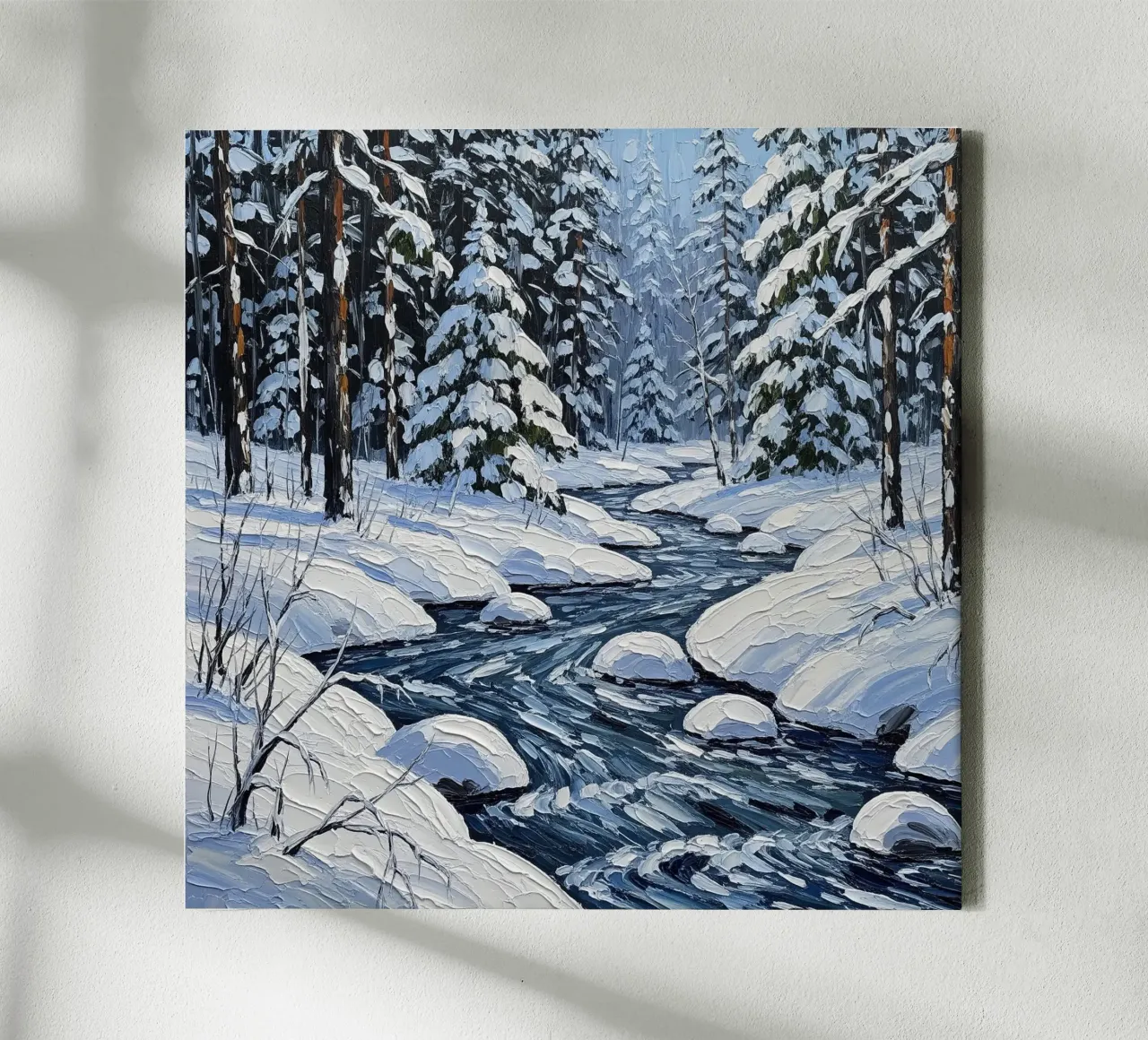 Ein strukturiertes impressionistisches Gemälde einer heiteren verschneiten Landschaft Leinwand mit Schattenfugenrahmen von Artistic-shop