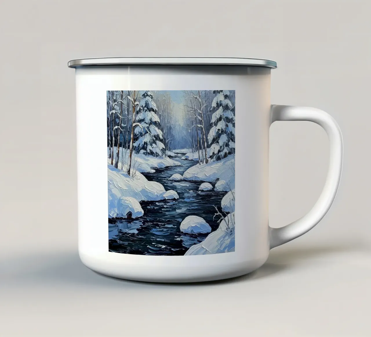 Serenità invernale: Pittura a olio di una foresta innevata S tazza in smalto da Artistic-shop