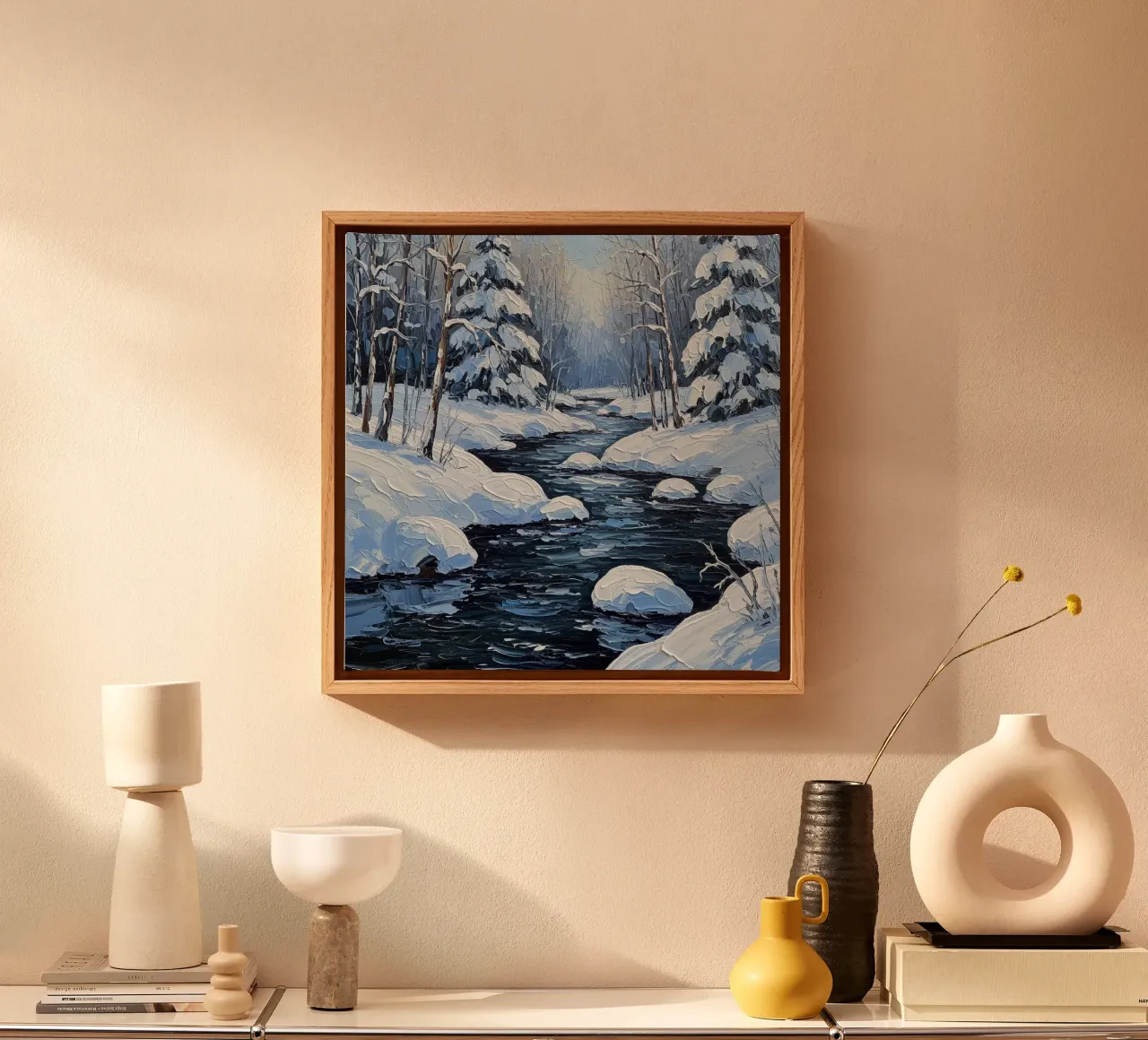 Serenità invernale: Pittura a olio di una foresta innevata S tela con Cornice a cassetta da Artistic-shop