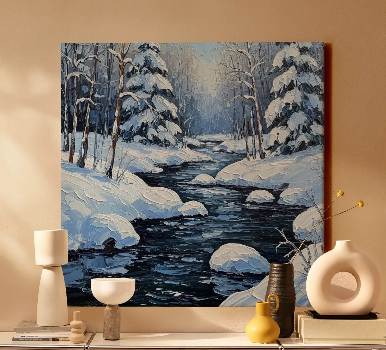 Serenità invernale: Pittura a olio di una foresta innevata S tela con Cornice a cassetta da Artistic-shop