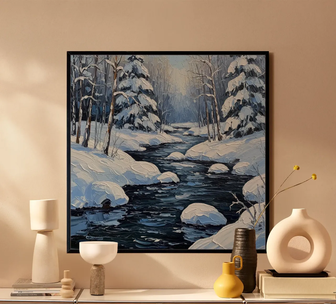 Winterliche Gelassenheit: Ein strukturiertes Ölgemälde eines verschneiten Waldes S Poster mit Aluminium Rahmen von Artistic-shop