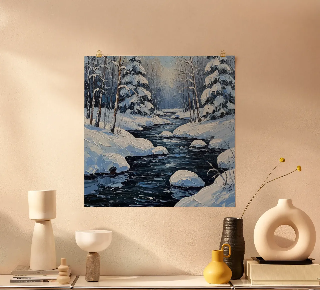 Winterliche Gelassenheit: Ein strukturiertes Ölgemälde eines verschneiten Waldes S Poster mit Aluminium Rahmen von Artistic-shop