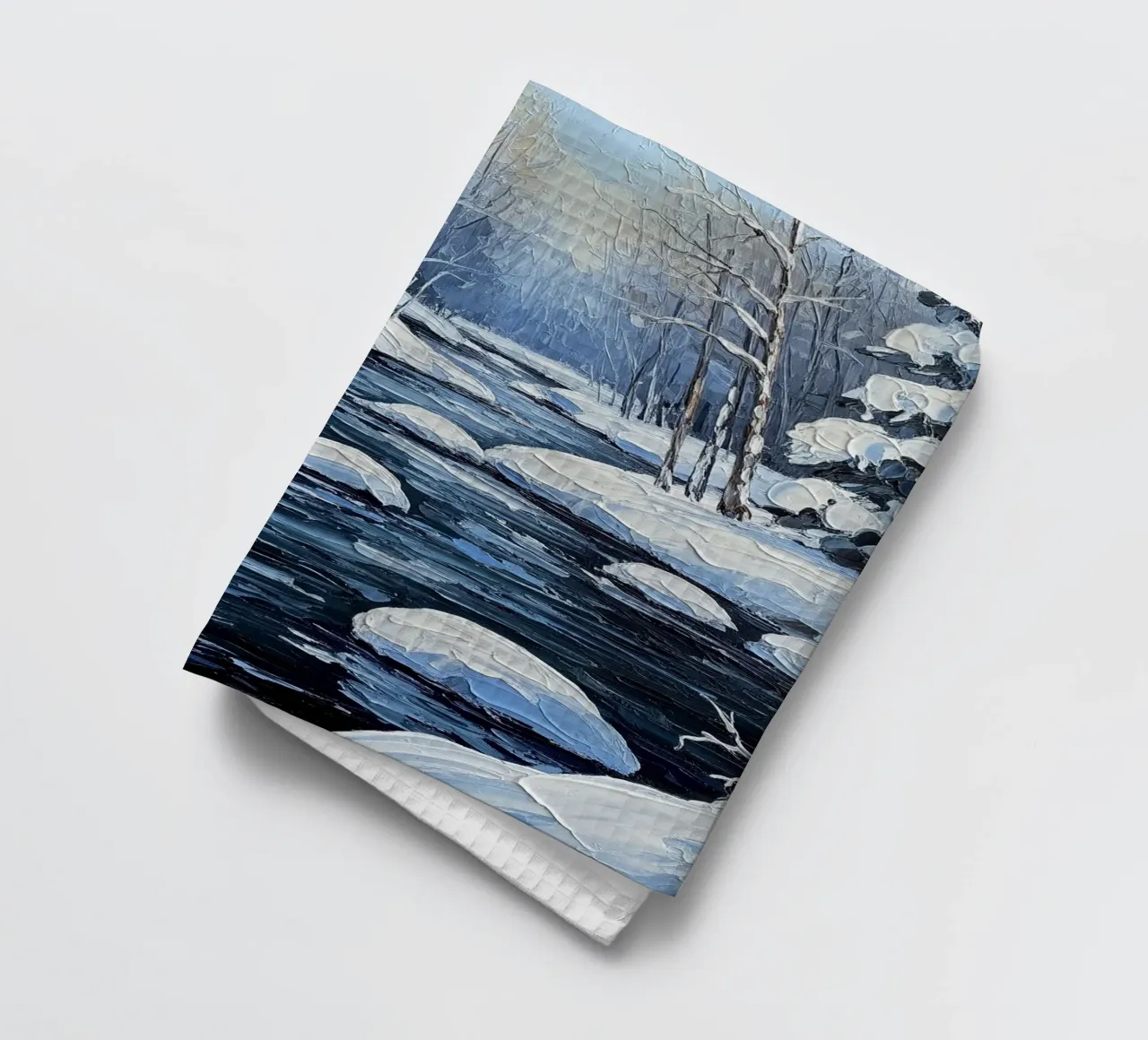 Sérénité hivernale : Une peinture à l'huile texturée d'une forêt enneigée S torchon de Artistic-shop