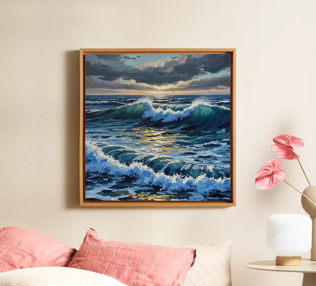 Azurblaue Tiefen und goldene Kämme: Eine strukturierte Meereslandschaft von Dynam Leinwand mit Schattenfugenrahmen von Artistic-shop