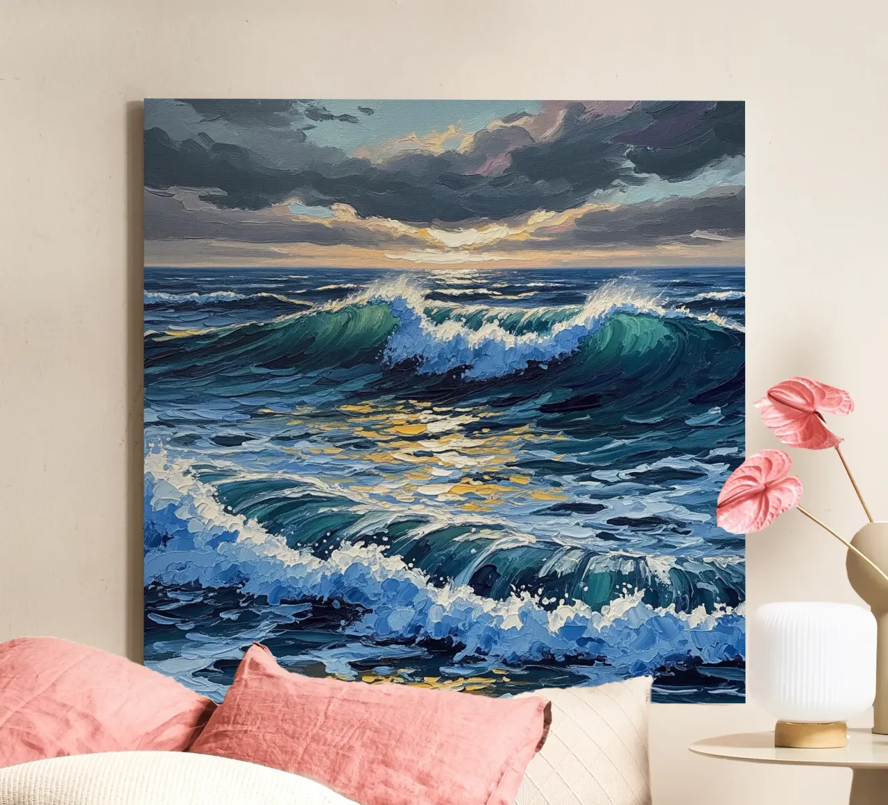 Azurblaue Tiefen und goldene Kämme: Eine strukturierte Meereslandschaft von Dynam Leinwand mit Schattenfugenrahmen von Artistic-shop