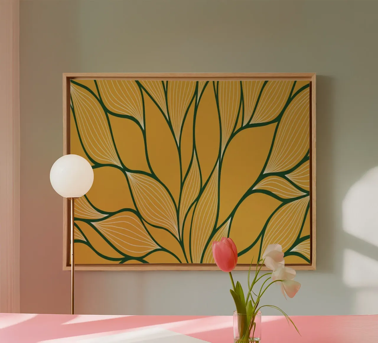 Goldene florale Ausstrahlung: Abstrakte Blütenblätter und Blätter Wandkunst Leinwand mit Schattenfugenrahmen von Artistic-shop