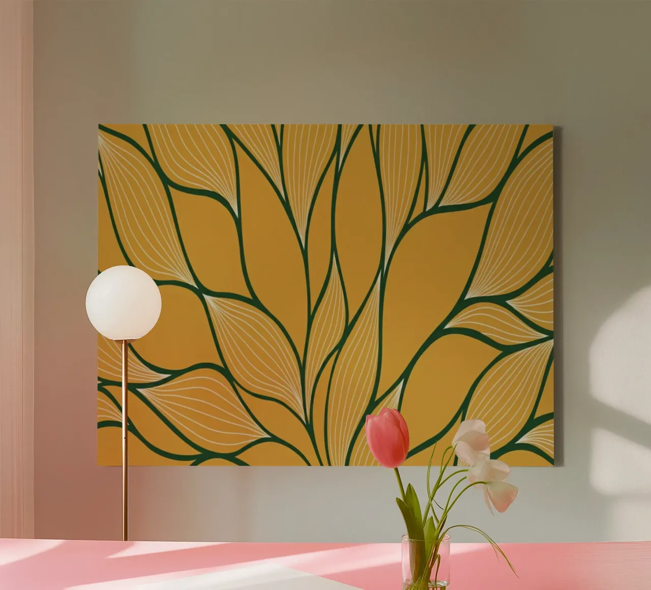 Goldene florale Ausstrahlung: Abstrakte Blütenblätter und Blätter Wandkunst Leinwand mit Schattenfugenrahmen von Artistic-shop