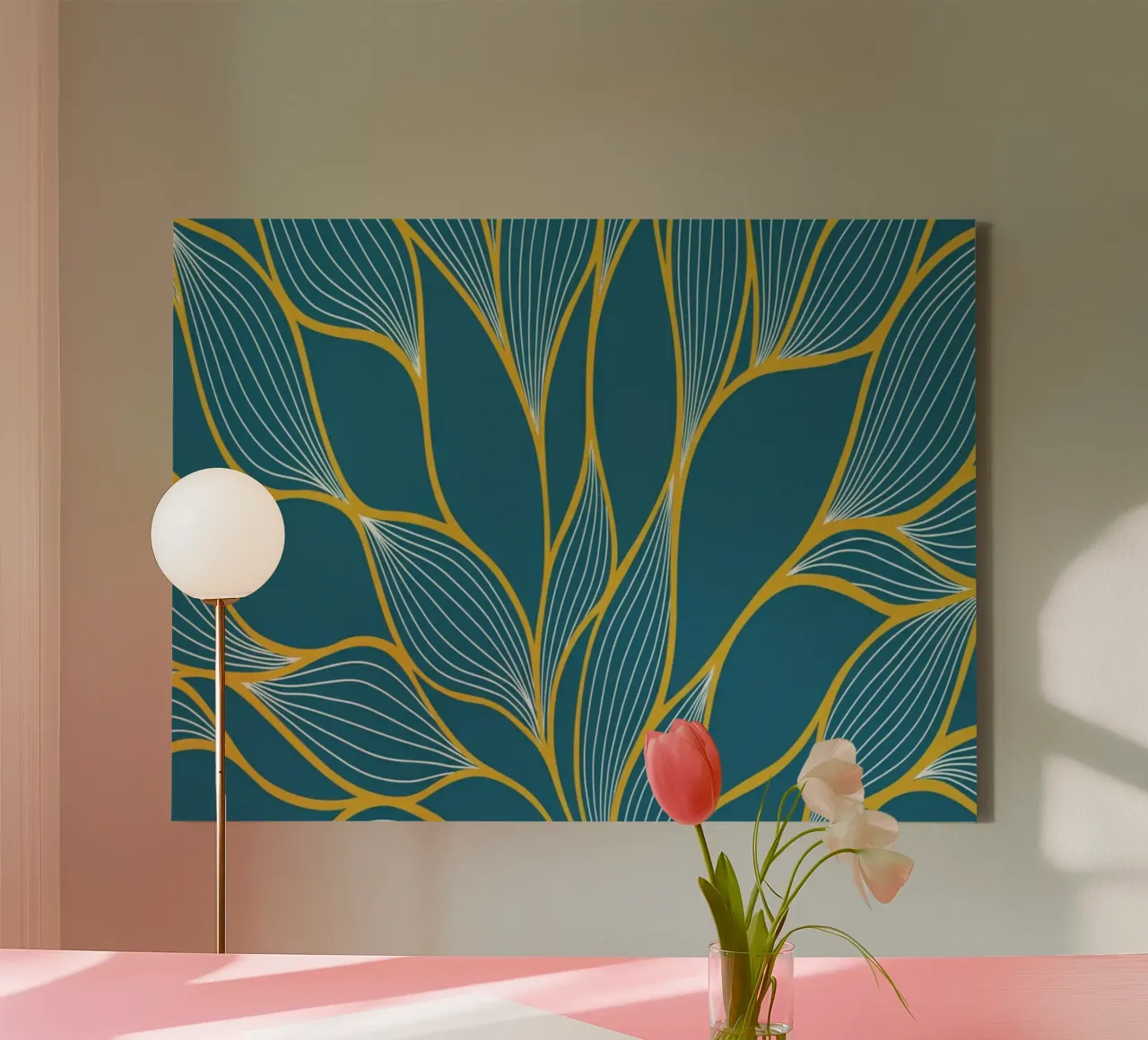 Bohemian Botanical Teal & Gold Leaf Art Print canvas with Floater frame by Artistic-shop