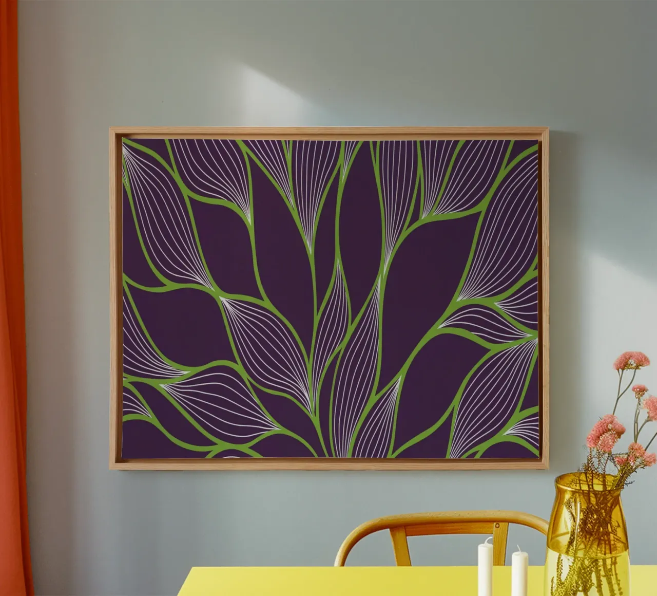 Abstract Organic Lines and Leaves Pattern in Deep Purple an canvas with Floater frame by Artistic-shop