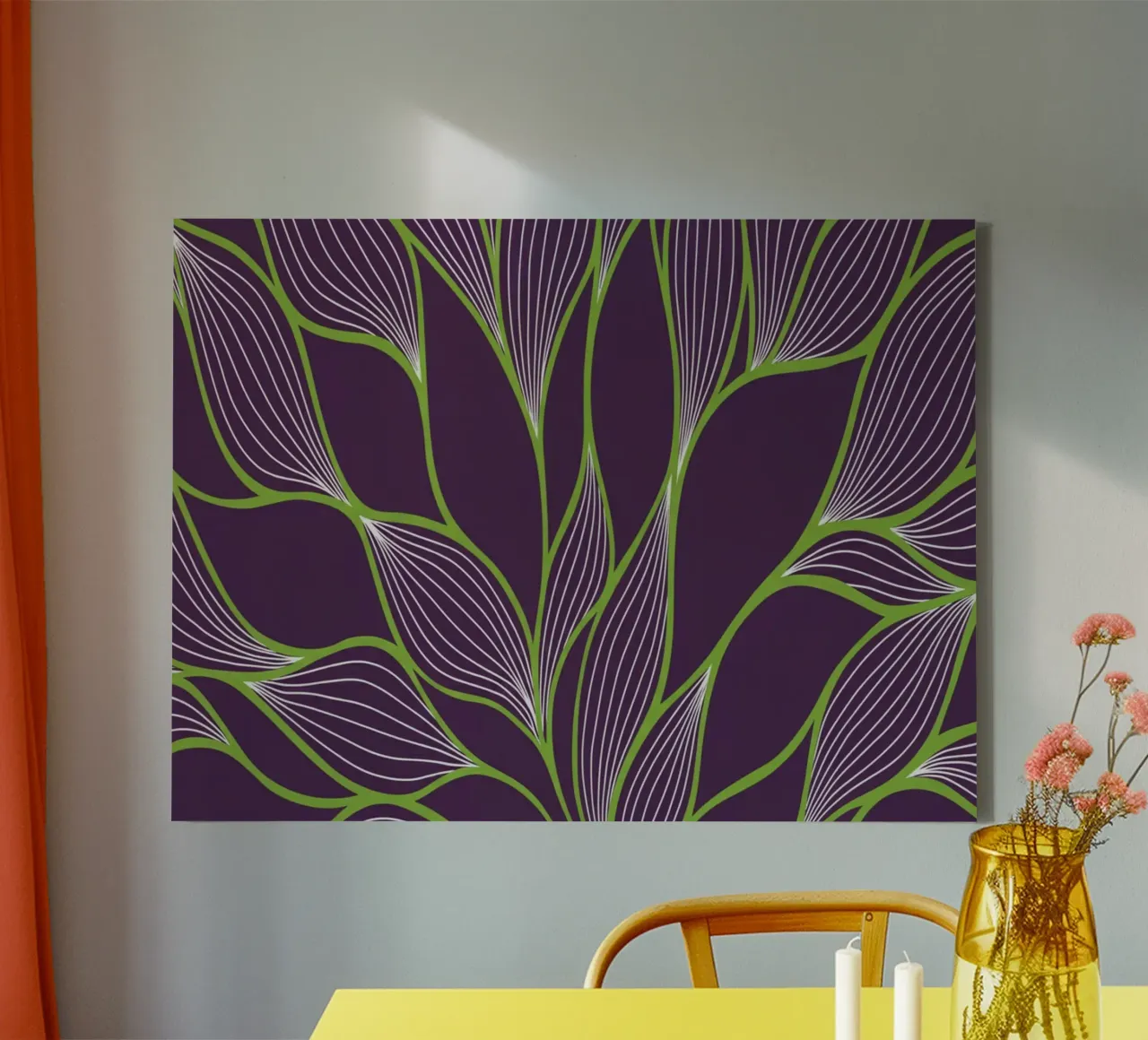 Abstract Organic Lines and Leaves Pattern in Deep Purple an canvas with Floater frame by Artistic-shop