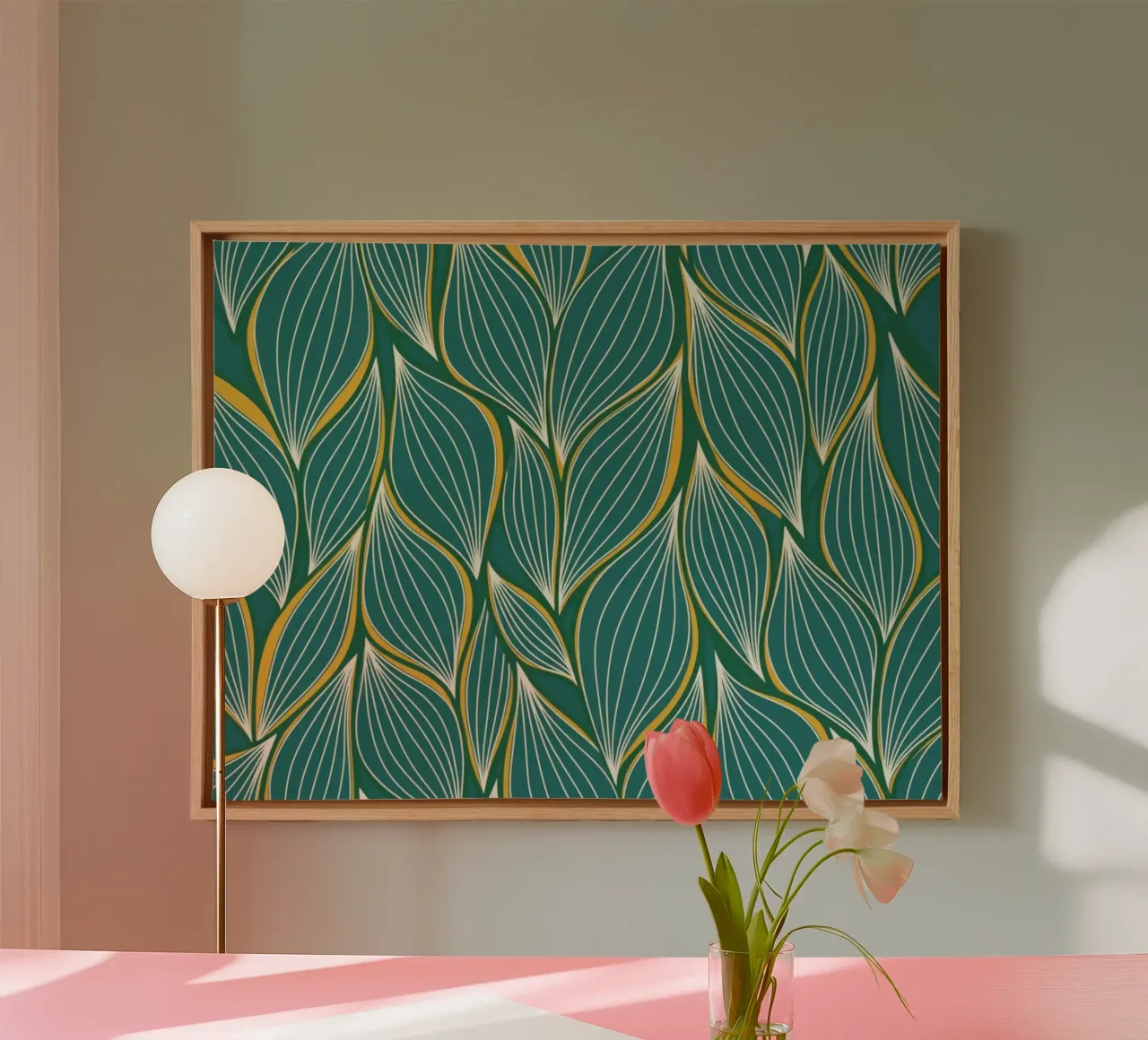 Motivo botanico verde acqua e foglie d'oro tela con Cornice a cassetta da Artistic-shop