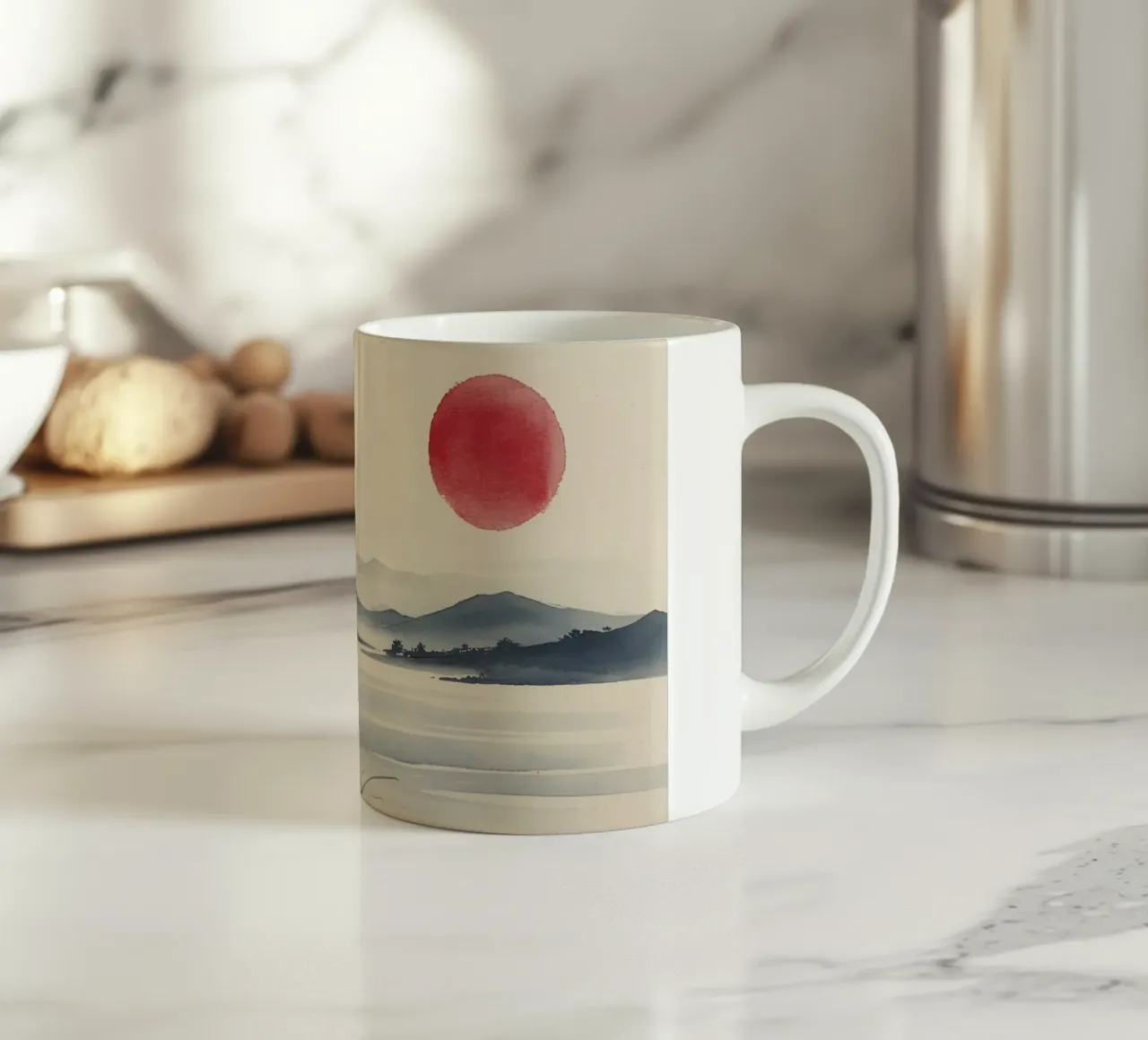 Sereno dipinto a inchiostro giapponese: Una mattina sulle nebbie del mare tazza in ceramica da Artistic-shop