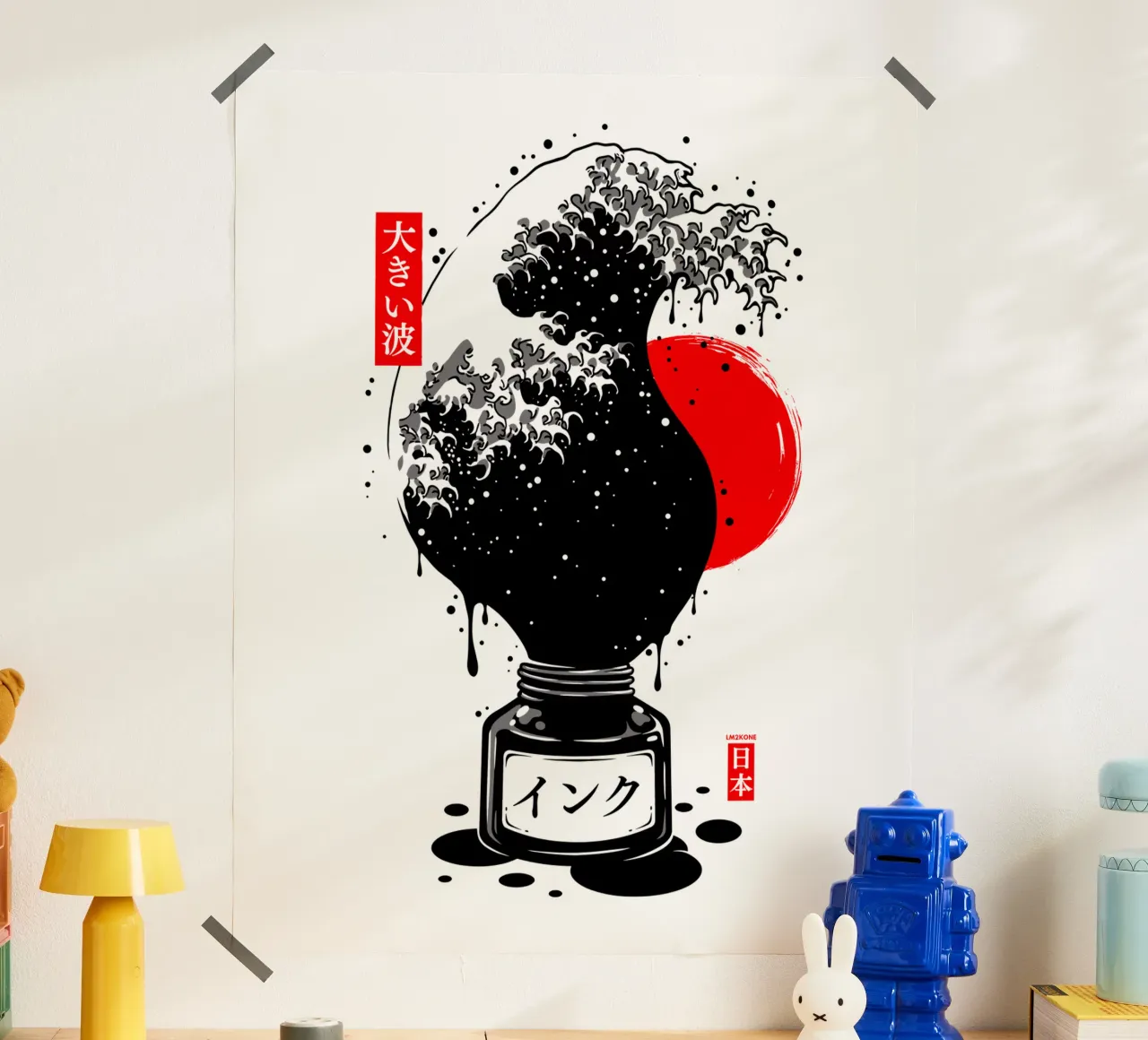 Inchiostro giapponese a onda nera di Kanagawa poster con telaio in plastica da LM2KONE