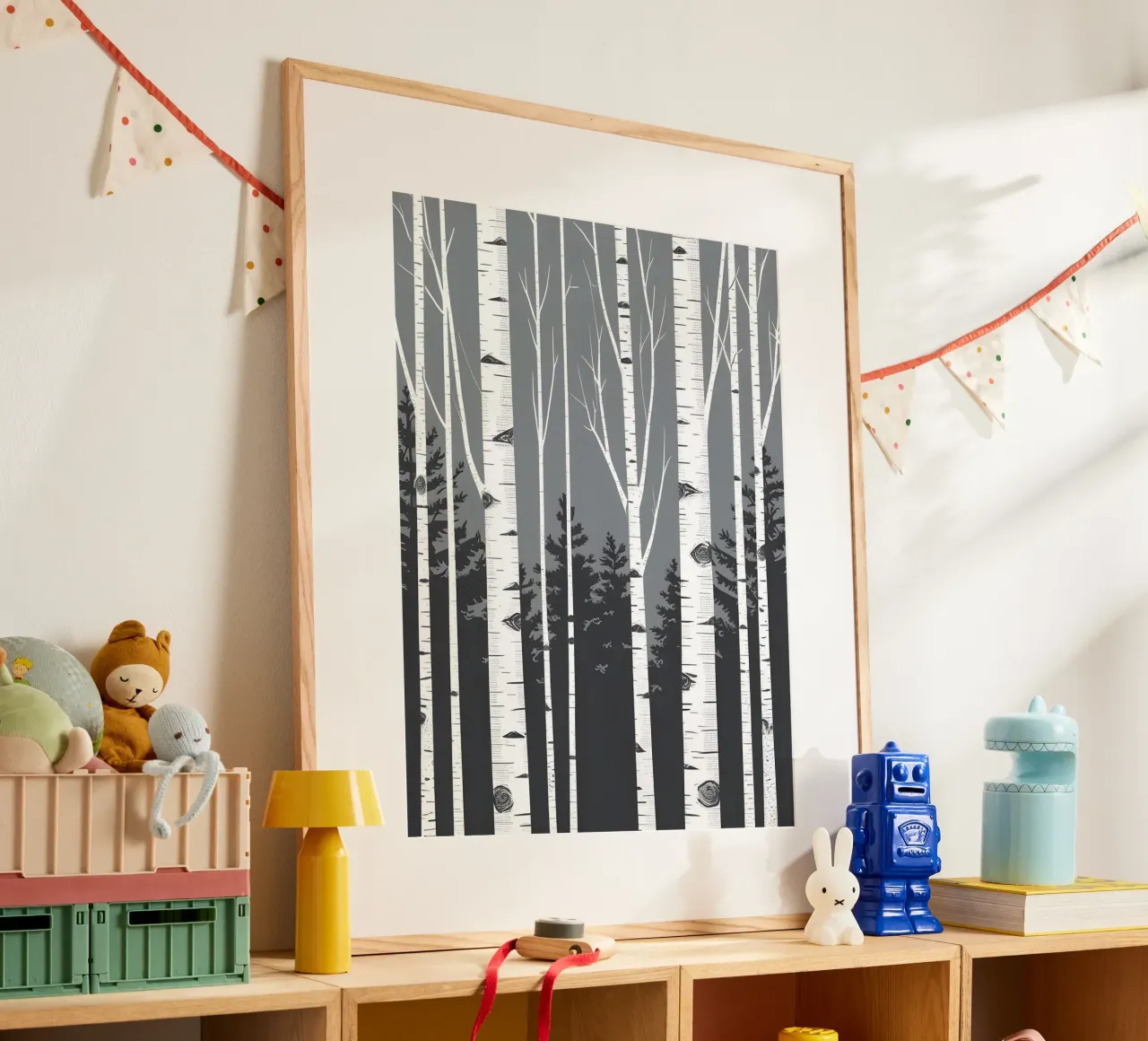 Tronchi di betulla poster con telaio in alluminio da The Green Room