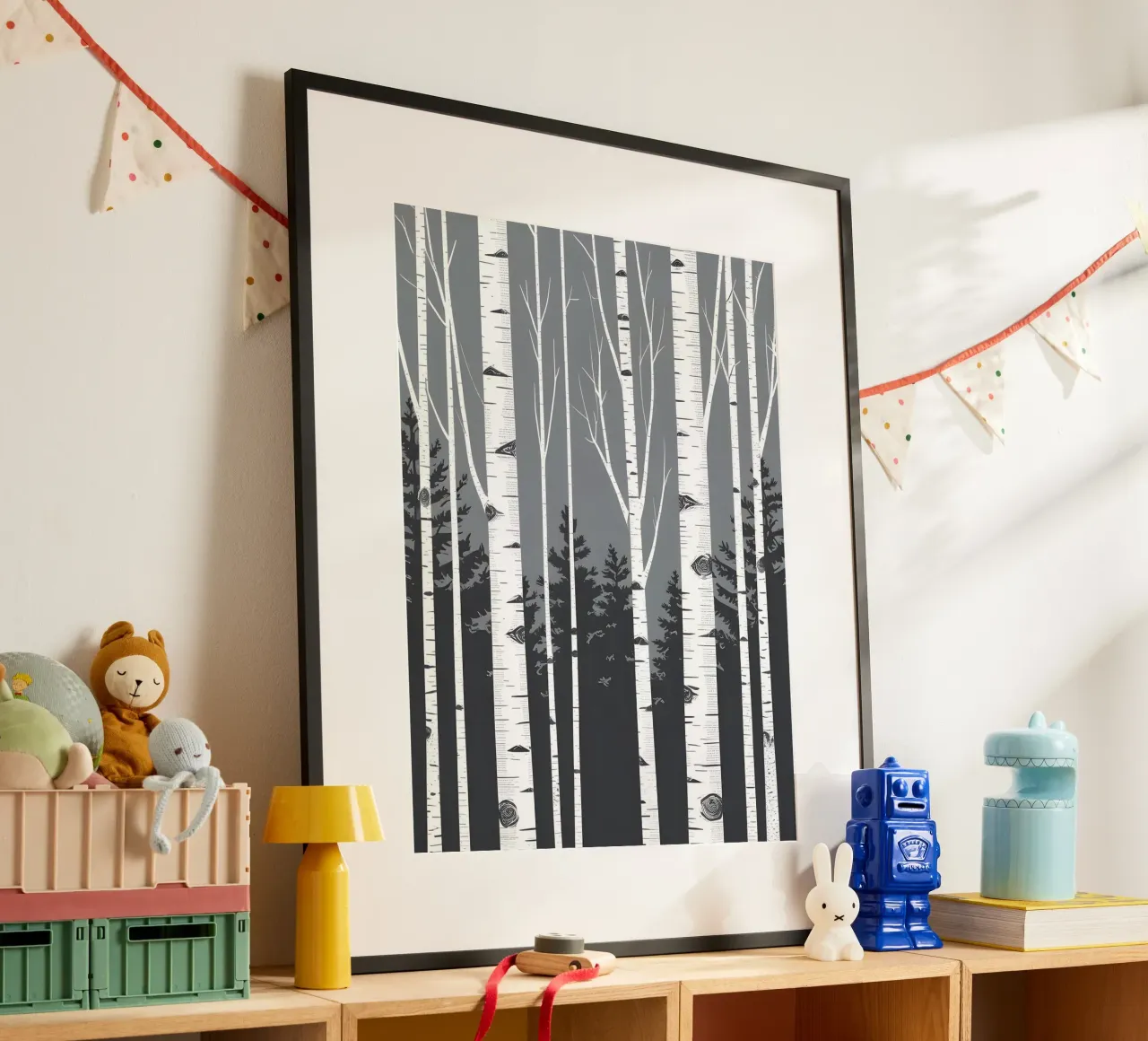 Tronchi di betulla poster con telaio in alluminio da The Green Room
