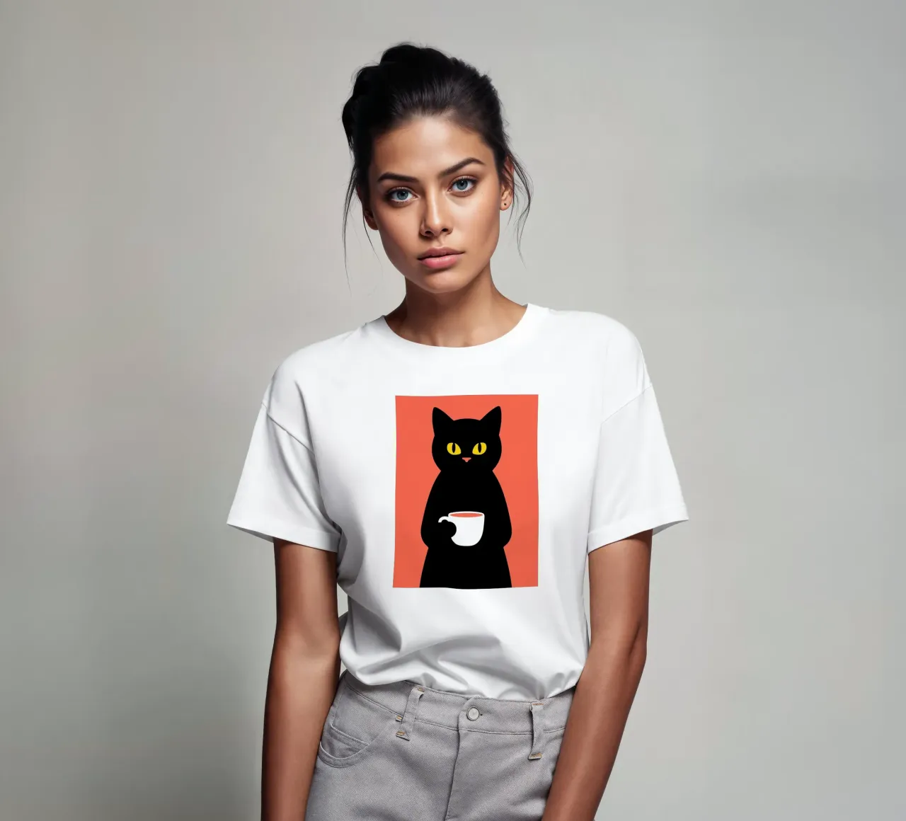 Gatto nero con tazza di caffè t-shirt da Arjun