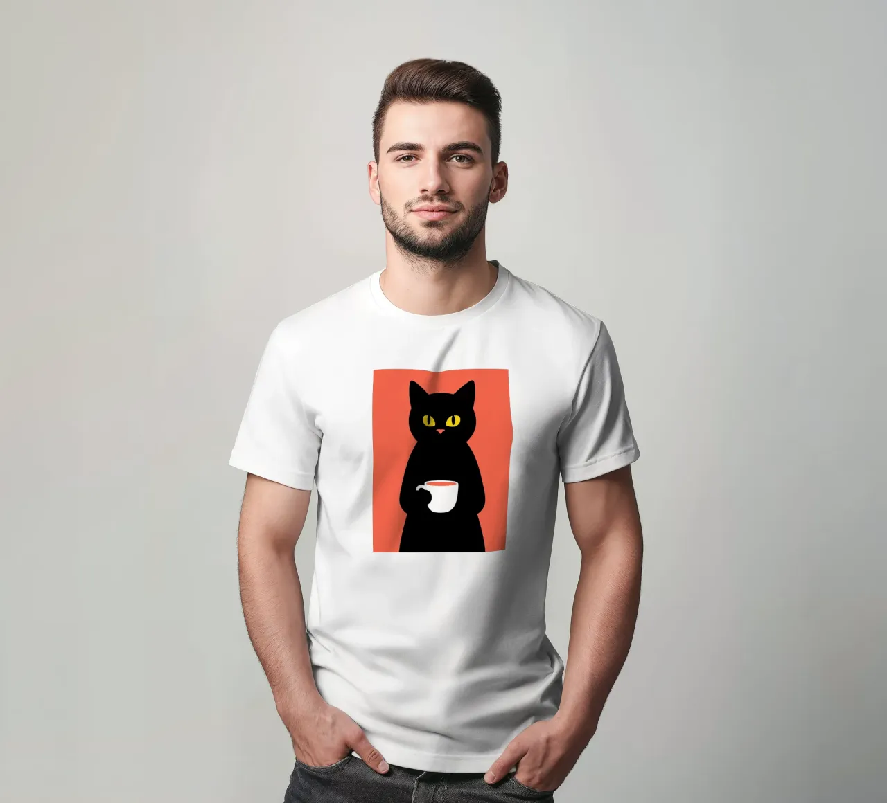 Gatto nero con tazza di caffè t-shirt da Arjun