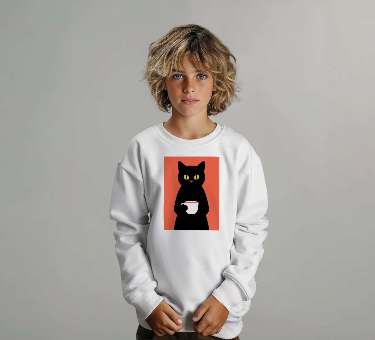 Gatto nero con tazza di caffè felpa bambino da Arjun