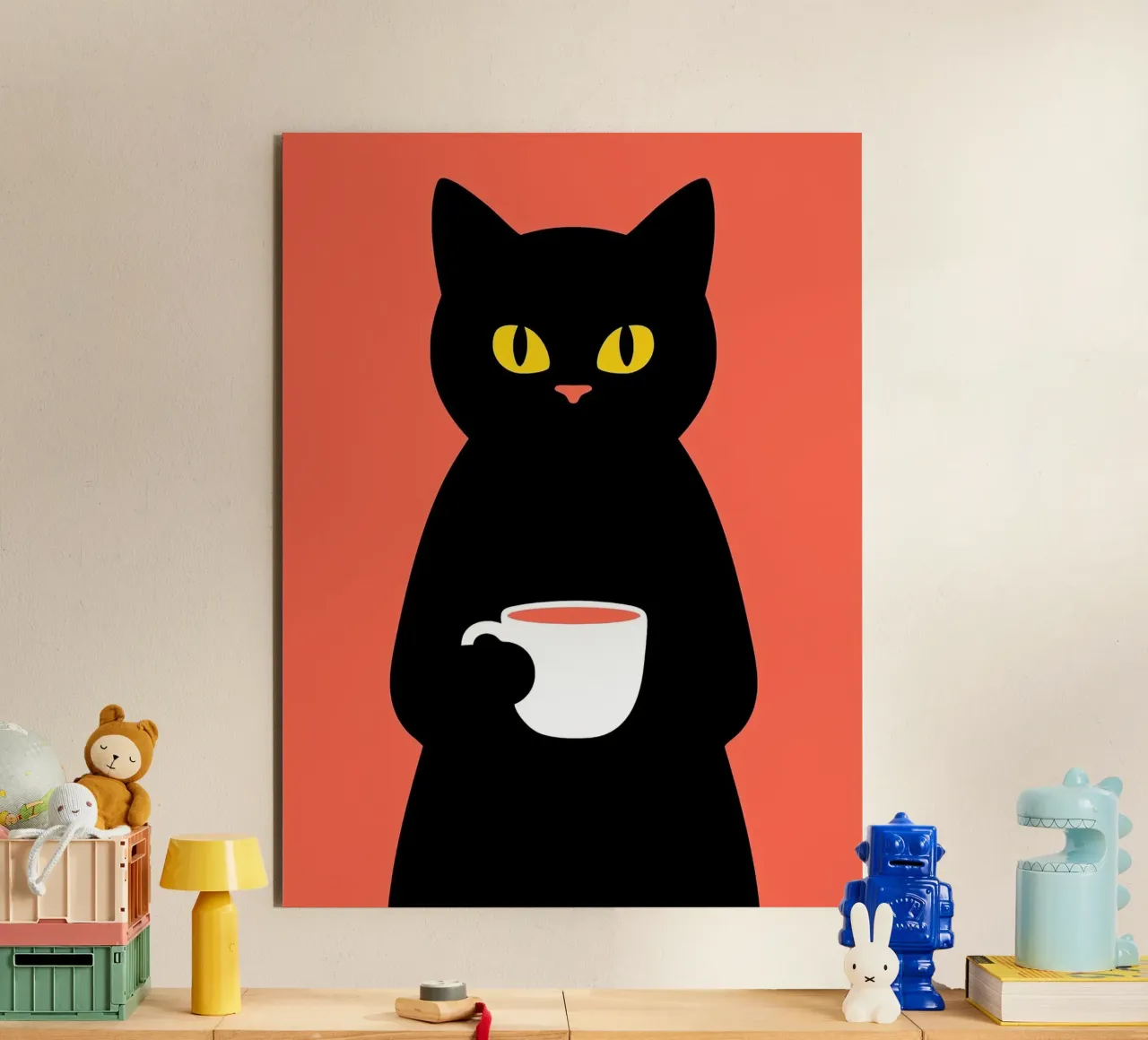 Gatto nero con tazza di caffè alluminio dibond da Arjun
