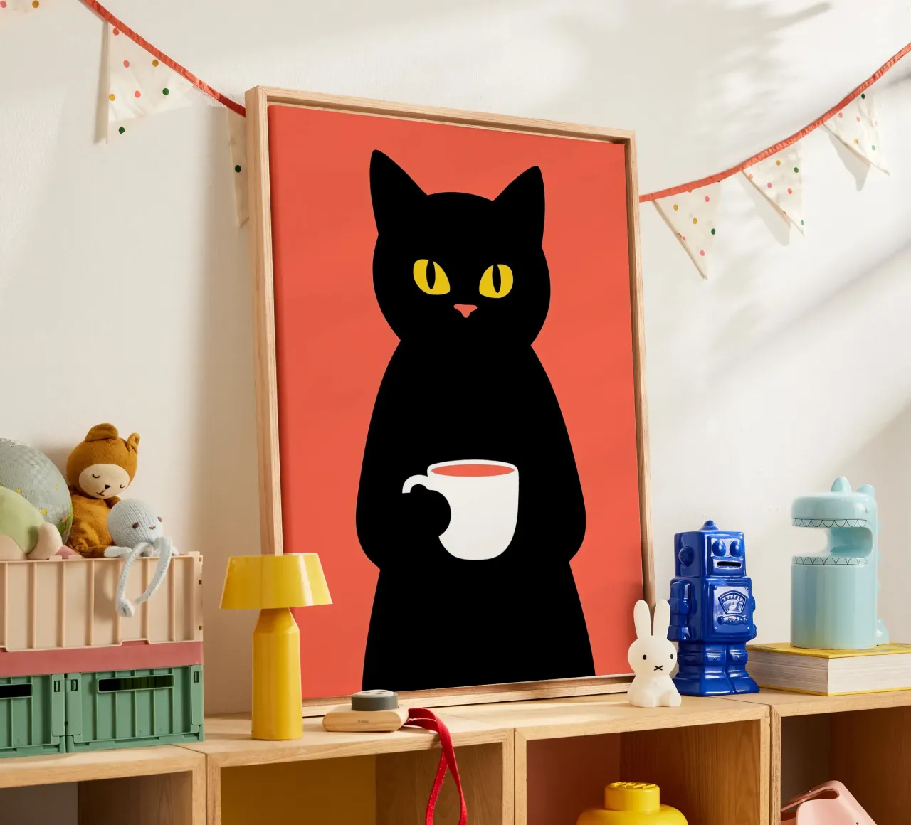 Schwarze Katze mit einer Tasse Kaffee Leinwand mit Schattenfugenrahmen von Arjun