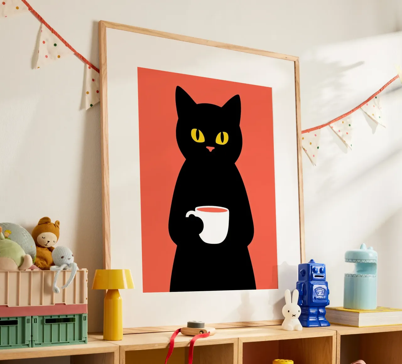 Gatto nero con tazza di caffè poster con telaio in legno da Arjun
