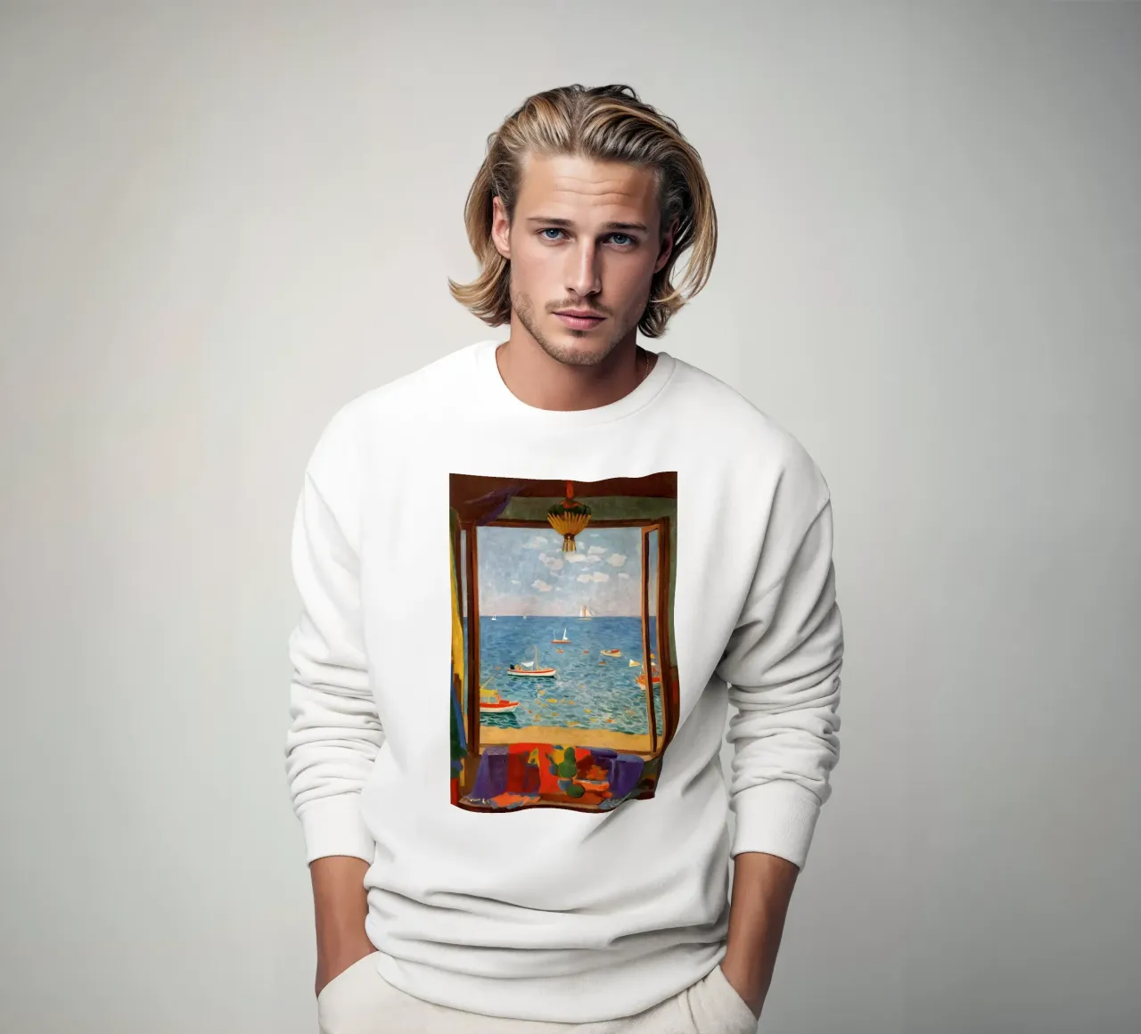 Sea view - Mediterranean window poster with sailing boats sweatshirt by Studio Sori