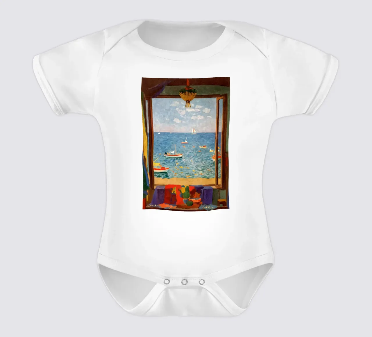 Sea view - Mediterranean window poster with sailing boats short-sleeve baby romper by Studio Sori