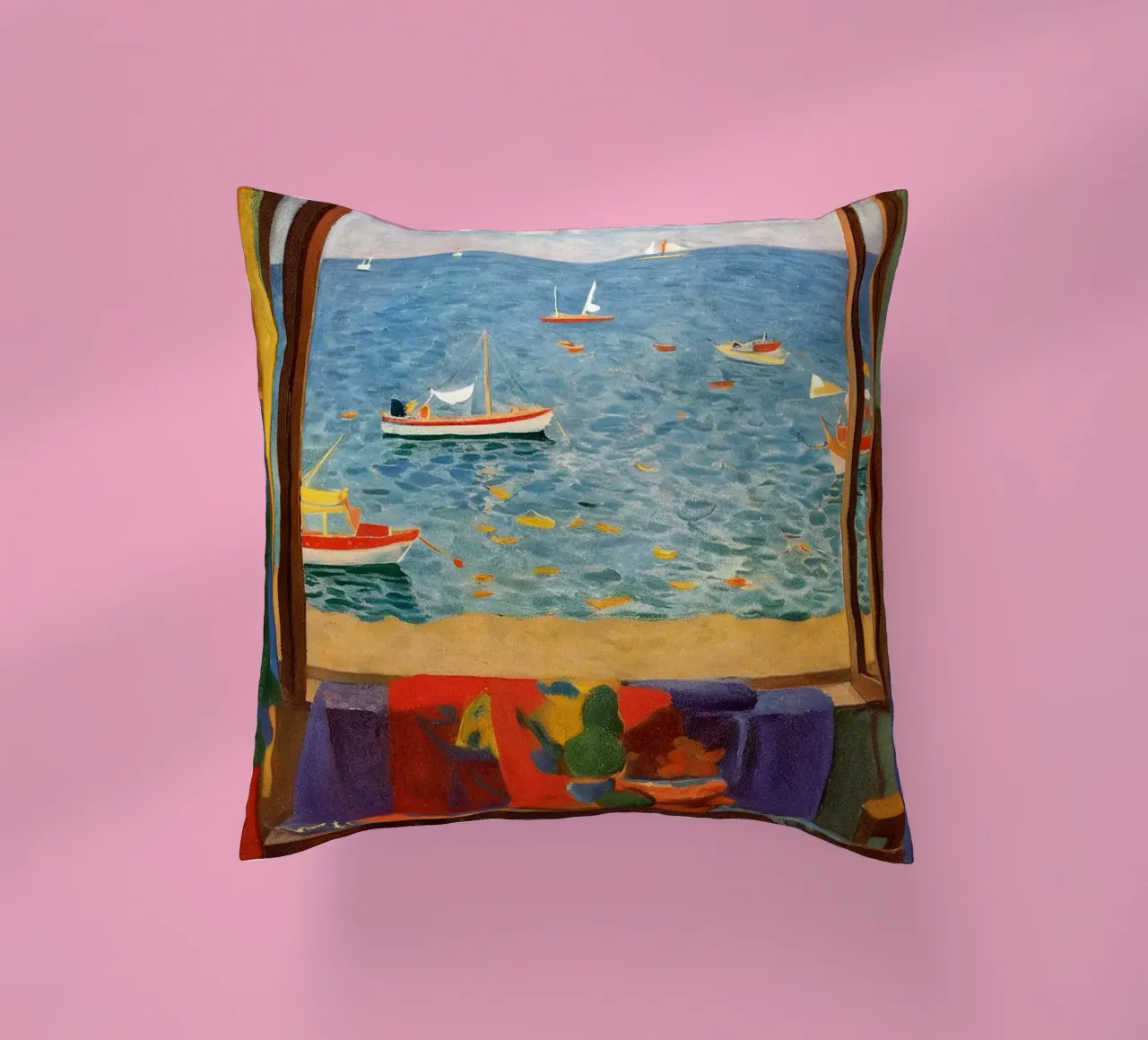 Sea view - Mediterranean window poster with sailing boats decorative cushion by Studio Sori
