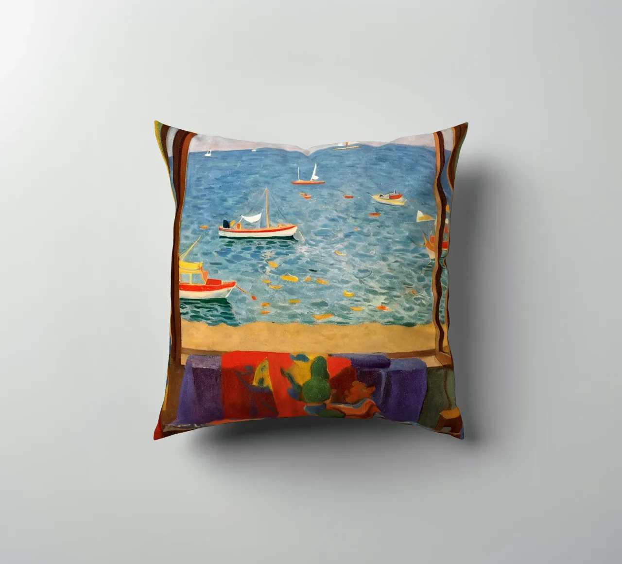 Sea view - Mediterranean window poster with sailing boats decorative cushion by Studio Sori
