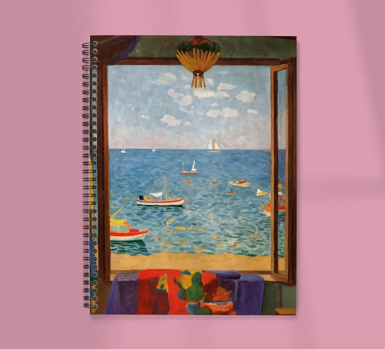 Sea view - Mediterranean window poster with sailing boats spiral notebook by Studio Sori
