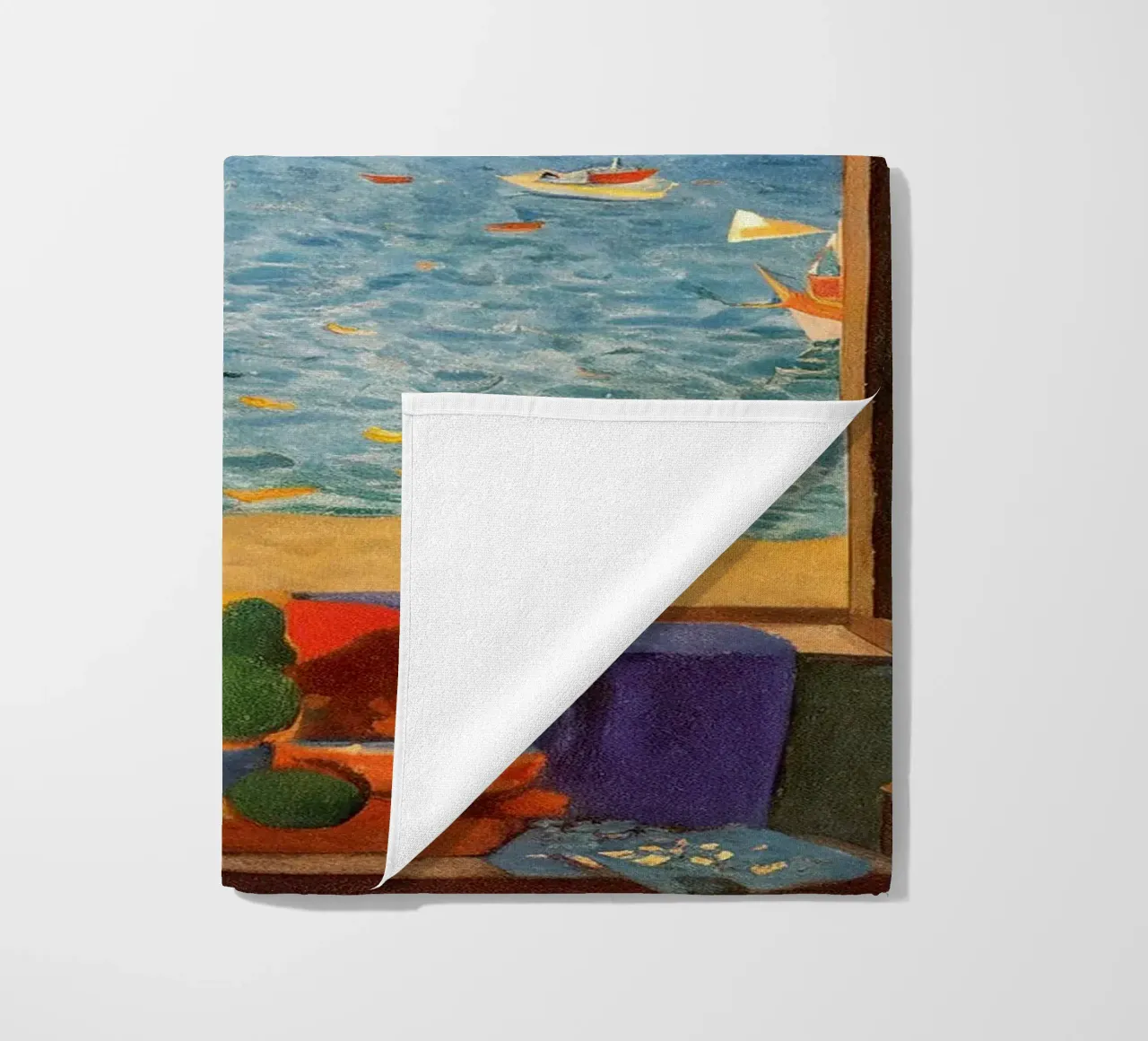 Sea view - Mediterranean window poster with sailing boats beach towel by Studio Sori