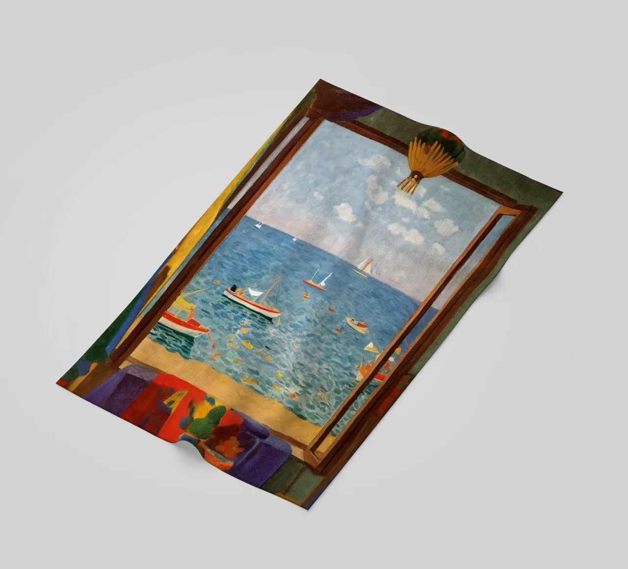 Sea view - Mediterranean window poster with sailing boats beach towel by Studio Sori