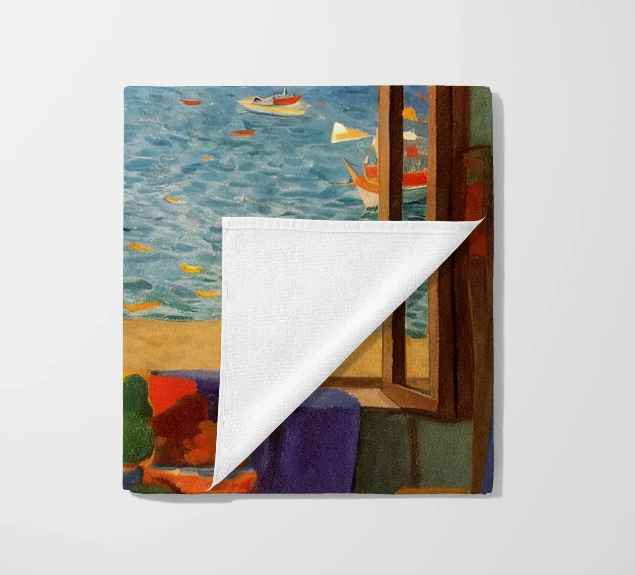 Sea view - Mediterranean window poster with sailing boats beach towel by Studio Sori