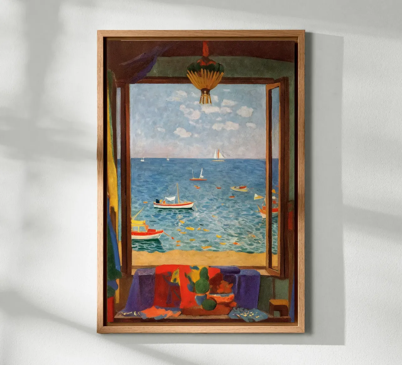 Sea view - Mediterranean window poster with sailing boats canvas with Floater frame by Studio Sori