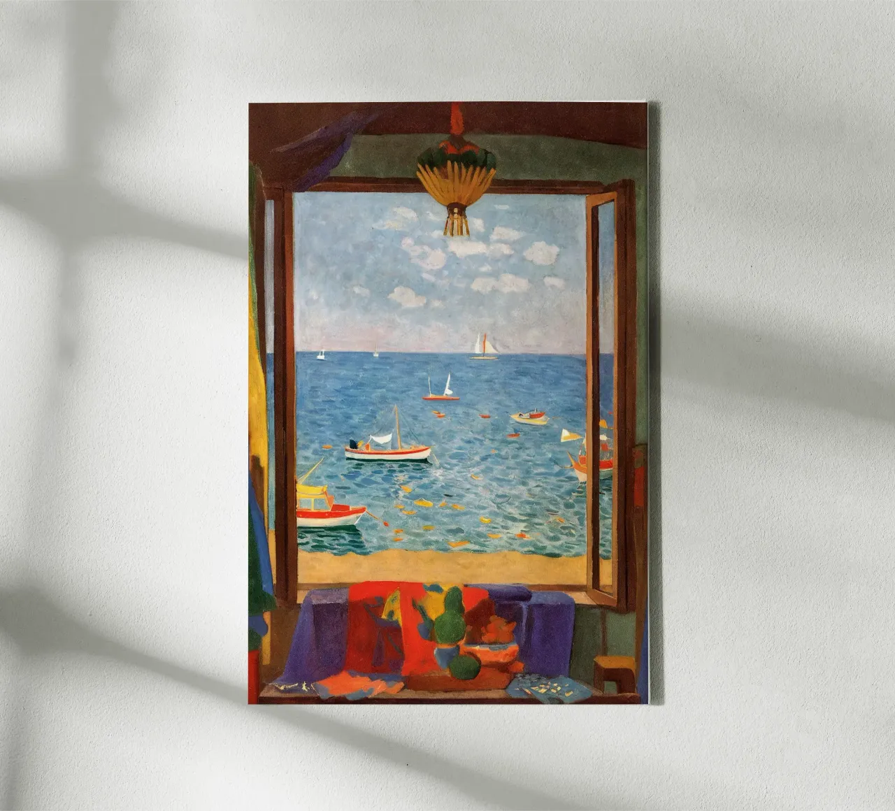 Sea view - Mediterranean window poster with sailing boats canvas with Floater frame by Studio Sori