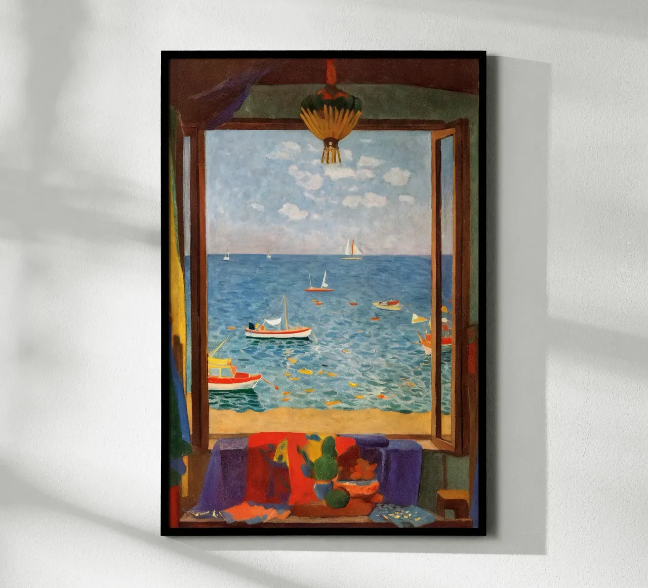 Vista mare - Poster per finestra mediterranea con barche a vela poster con telaio in legno da Studio Sori