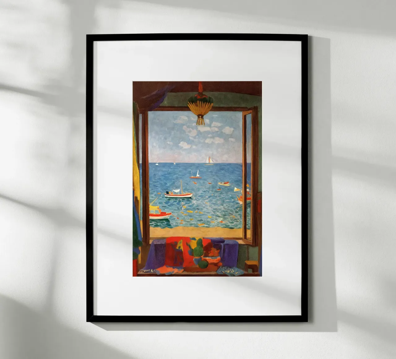 Vista mare - Poster per finestra mediterranea con barche a vela poster con telaio in legno da Studio Sori