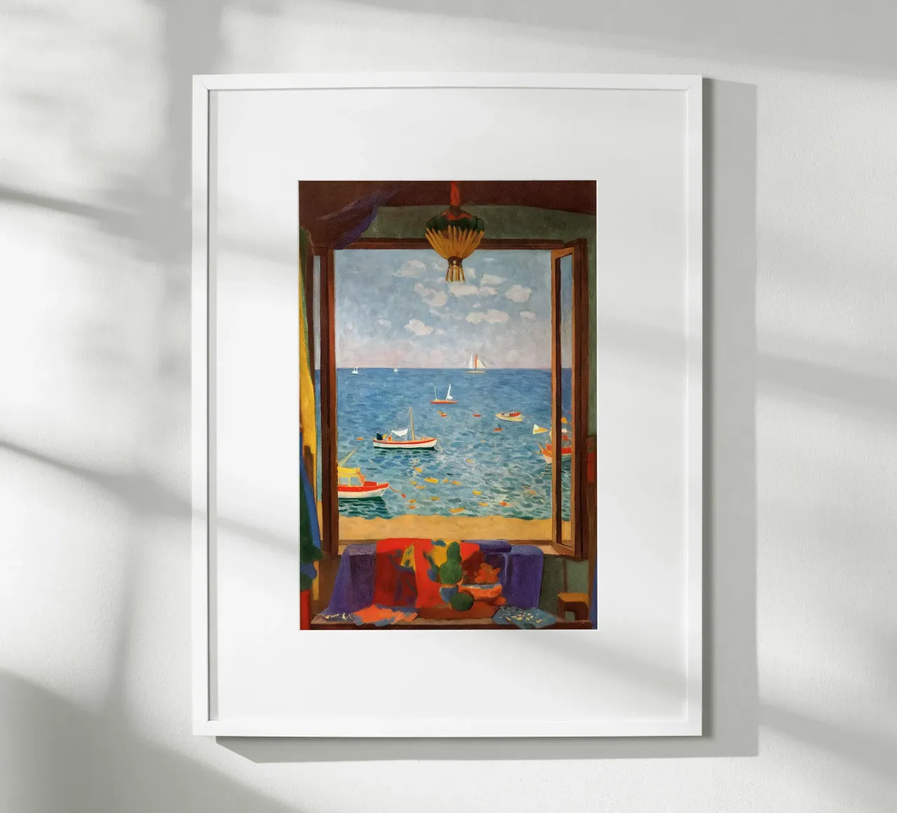 Vista mare - Poster per finestra mediterranea con barche a vela poster con telaio in legno da Studio Sori